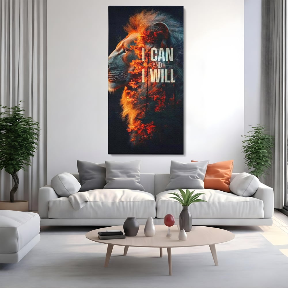 Tablou canvas cu tablou canvas cu leu si padure aprinsa, fara rama, pe sasiu de lemn, pe perete intr-un living